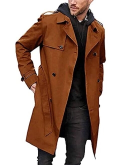 Mens Trench Coat Slim Fit Double Breasted Long Jacket Notched Lapel Belt Fall Windproof Coat