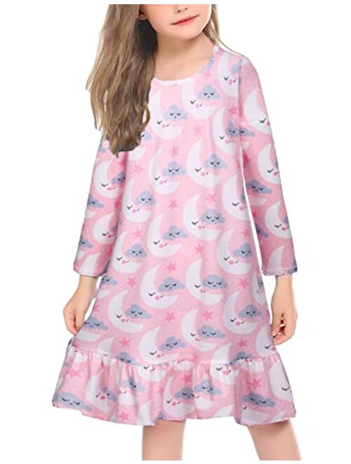 Arshiner Girls' Sleepwear Long Sleeve Cat Nightgown Nightie Pajama Dress