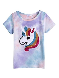 Girls Unicorn Shirts Short Sleeve Flip Sequin T-Shirt Tops