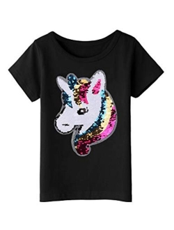 Girls Unicorn Shirts Short Sleeve Flip Sequin T-Shirt Tops