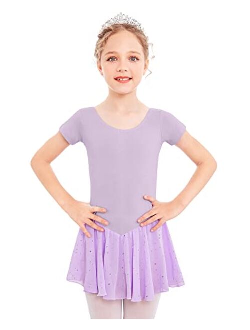 Arshiner Kid Girls Ballet Leotard with Skirt Short Sleeve Toddler Dance Dresses