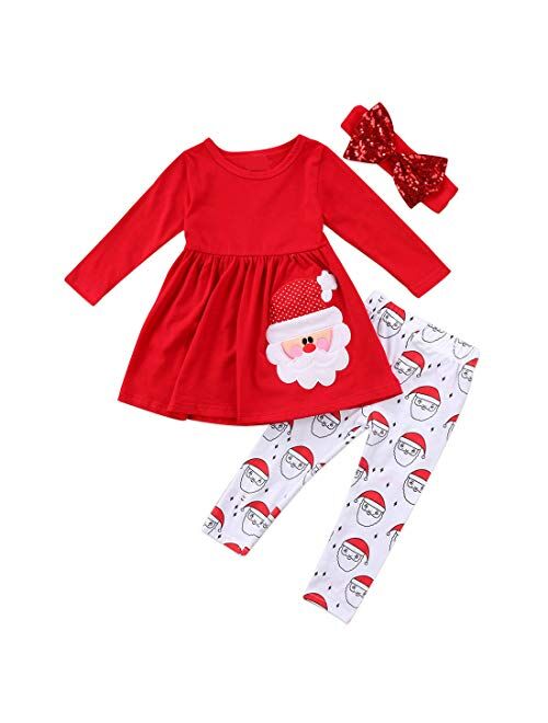 Avidqueen Christmas Party Clothing Set Toddler Baby Girls Princess Dress Tshirt + Santa Pant + Headband 3pcs Outfits