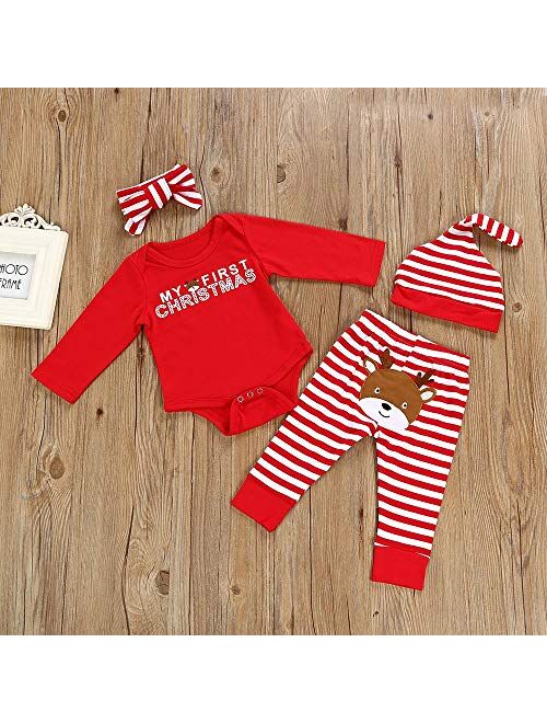 Von kilizo Baby Girl Christmas Outfit Baby Girl Long Sleeve Rompers Striped Pant Sets My First Christmas Baby Girl Outfit