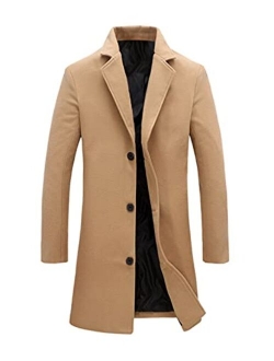 Tanming Men's Casual Lapel Collar Wool Blend Single Breasted Mid-Length Jacket Coats