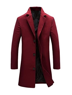 Tanming Men's Casual Lapel Collar Wool Blend Single Breasted Mid-Length Jacket Coats