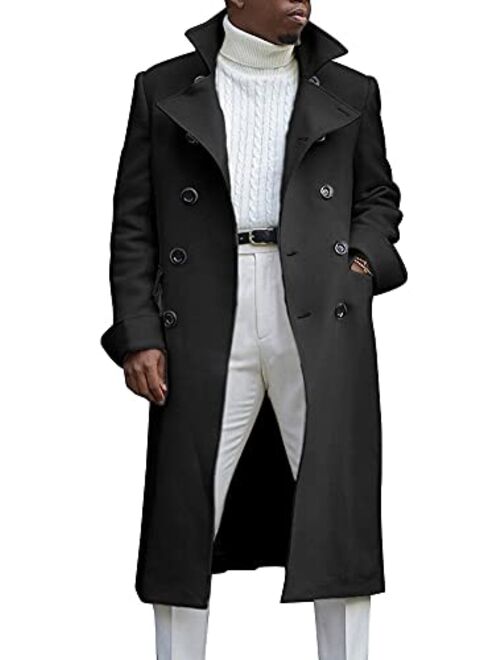 chouyatou Men's British Style Double Breasted Heavyweight Mid Long Wool Pea Coat