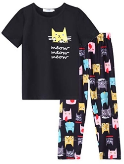 Girls Pajamas Soft Short Sleeve & Pants Cat PJs Set Sleepwear