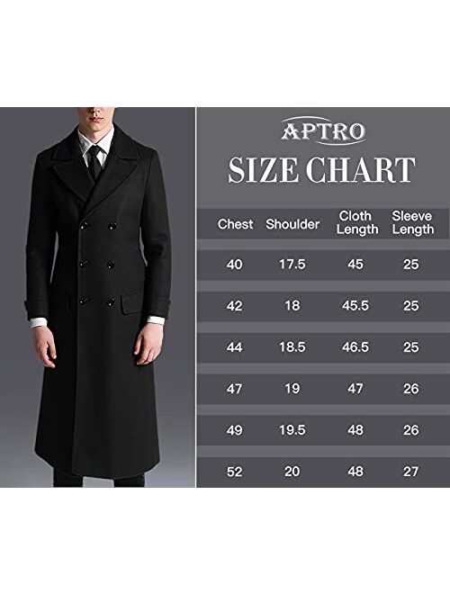 APTRO Men's Luxury Full Length Trench Coat Long Wool Overcoat Winter Windbreaker