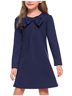 Girls Dress Long Sleeve Solid Tunic Dress for Girls with Big Bow Tie