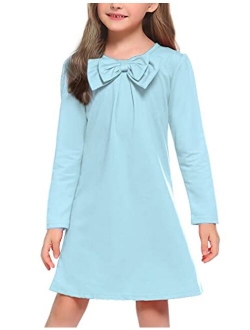 Girls Dress Long Sleeve Solid Tunic Dress for Girls with Big Bow Tie