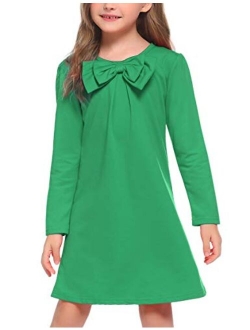 Girls Dress Long Sleeve Solid Tunic Dress for Girls with Big Bow Tie