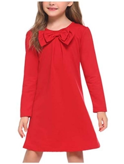 Girls Dress Long Sleeve Solid Tunic Dress for Girls with Big Bow Tie