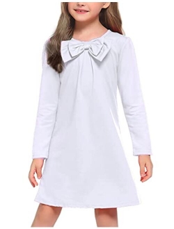 Girls Dress Long Sleeve Solid Tunic Dress for Girls with Big Bow Tie