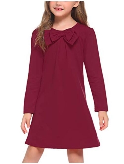 Girls Dress Long Sleeve Solid Tunic Dress for Girls with Big Bow Tie