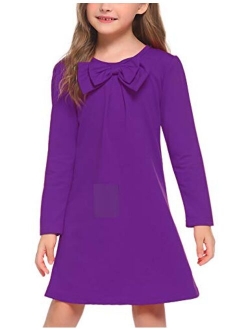 Girls Dress Long Sleeve Solid Tunic Dress for Girls with Big Bow Tie