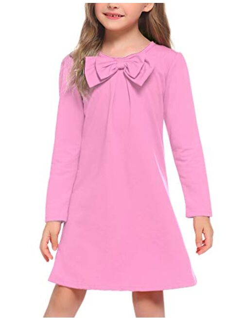 Arshiner Girls Dress Long Sleeve Solid Tunic Dress for Girls with Big Bow Tie