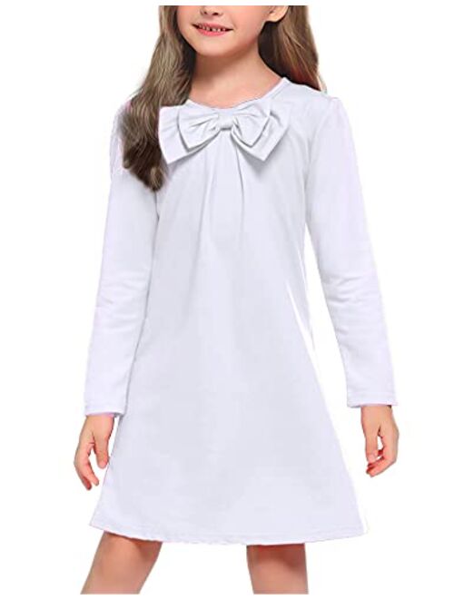 Arshiner Girls Dress Long Sleeve Solid Tunic Dress for Girls with Big Bow Tie