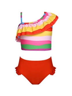 Girls Swimsuit Ruffles Flounce Printed Two Pieces Bikini Set Swimwear Bathing Suits