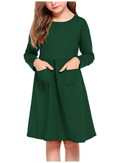 Little Girls Dress Long Sleeve Solid Color Casual Skater Pocket Dress