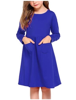 Little Girls Dress Long Sleeve Solid Color Casual Skater Pocket Dress