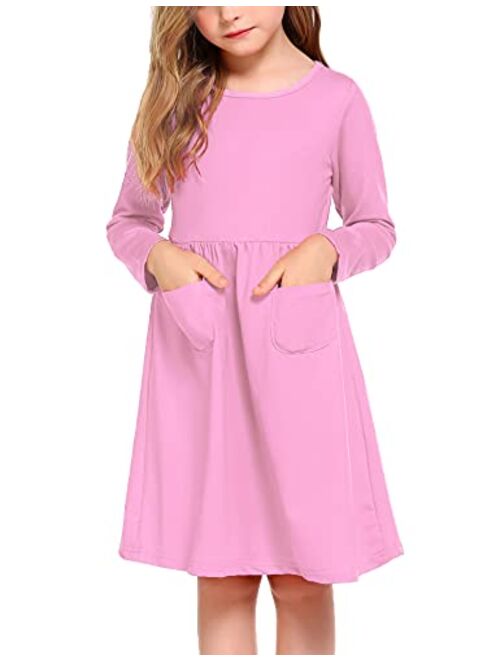 Arshiner Little Girls Dress Long Sleeve Solid Color Casual Skater Pocket Dress