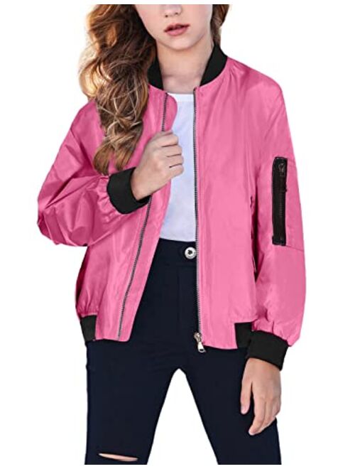 Arshiner Girls' Bomber Jacket Casual Coat Zip Up Outerwear with Pockets for 4-12 Years