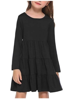 Girl Long Sleeve Dress Tiered Ruffle Swing Tunic Shirt Dress