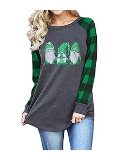 BLANCHES Christmas Gnome Shirts Women Plaid Splicing Tshirt Holiday Baseball Tops