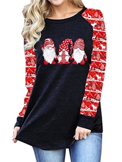 BLANCHES Christmas Gnome Shirts Women Plaid Splicing Tshirt Holiday Baseball Tops