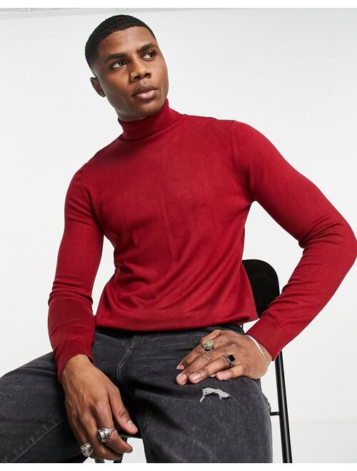 Pull&Bear knitted roll neck in burgundy