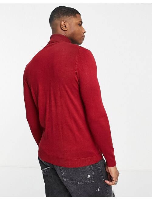 Pull&Bear knitted roll neck in burgundy