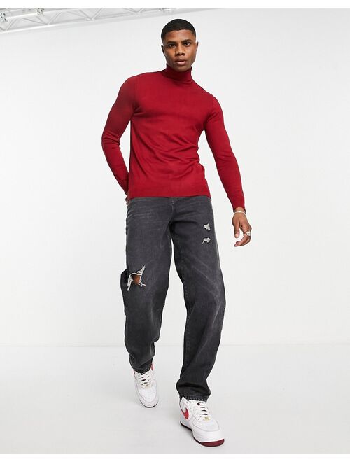 Pull&Bear knitted roll neck in burgundy