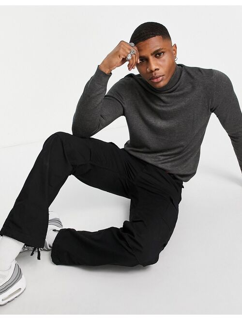 Pull&Bear knit roll neck sweater in charcoal