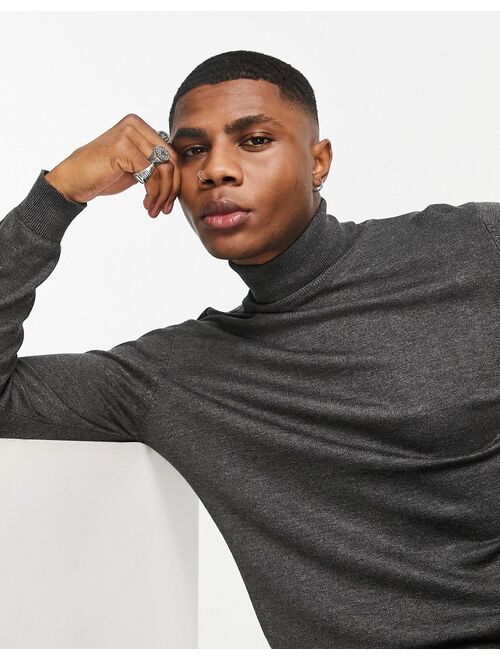 Pull&Bear knit roll neck sweater in charcoal