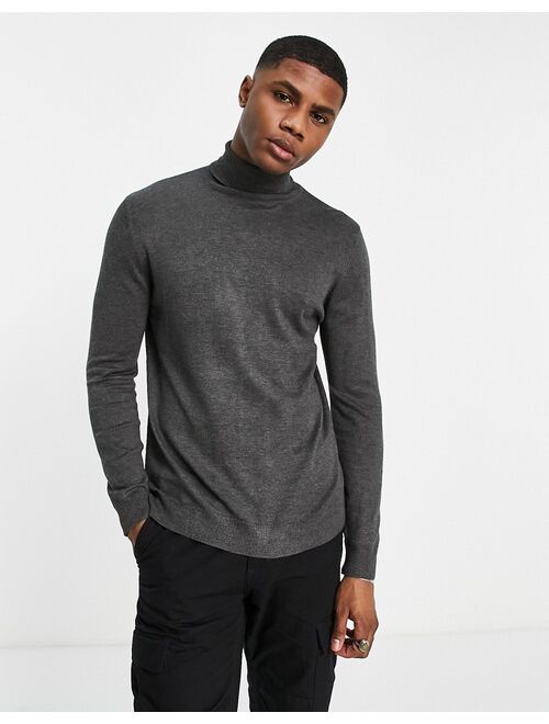 Pull&Bear knit roll neck sweater in charcoal