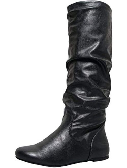 Women's Zuluu Slouchy Faux Leather Knee HIgh Flats Boots