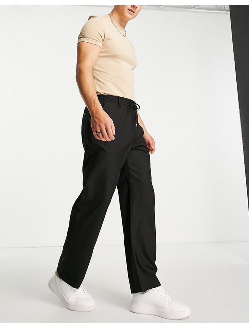 Pull&Bear wide leg pants with elastic waist in black