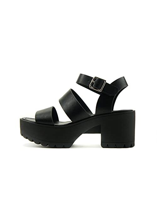 SODA ACCOUNT ~ Women Open Toe Two Bands Lug sole Fashion Block Heel Sandals with Adjustable Ankle Strap