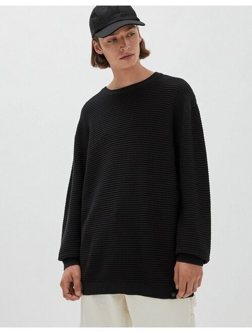 Pull&Bear waffle knit sweater in black