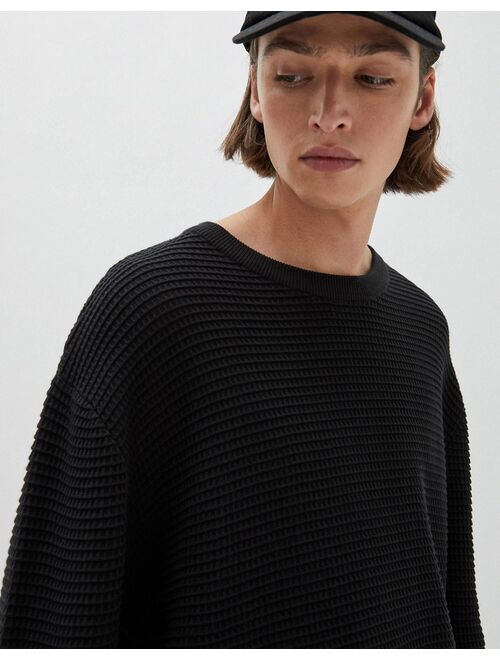 Pull&Bear waffle knit sweater in black