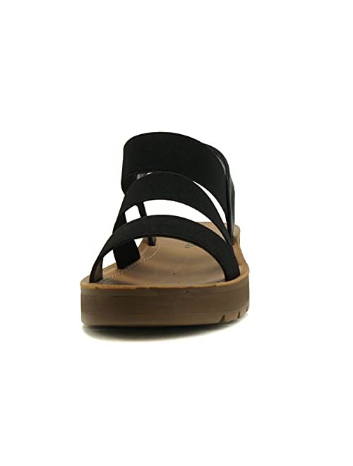 Soda BUTTON ~ Women Slip On Casual Open Toe Three Elastic Bands with Ankle Strap Fashion Gladiator Sandal