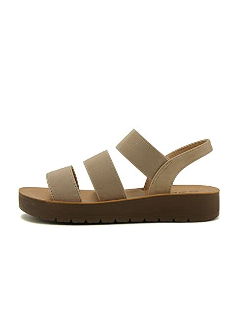 Soda BUTTON ~ Women Slip On Casual Open Toe Three Elastic Bands with Ankle Strap Fashion Gladiator Sandal