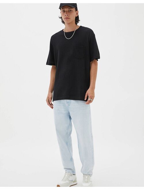 Pull&Bear oversized waffle T-shirt in black