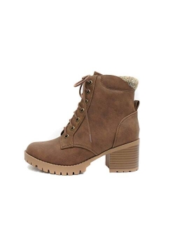 Single Lug Sole Chunky Heel Combat Ankle Boot Lace up w/Side Zipper