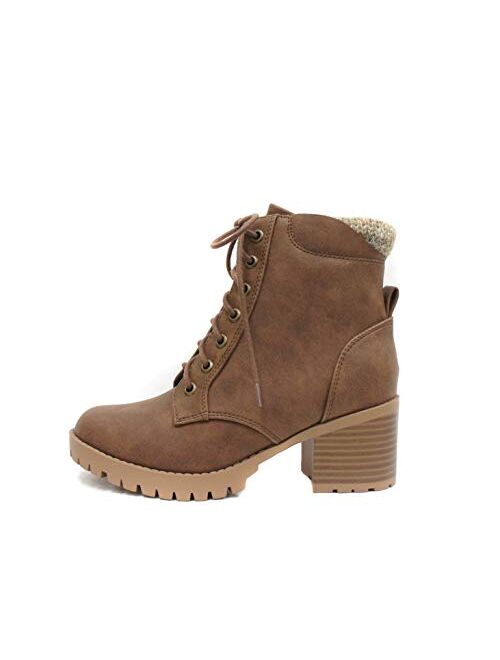 Soda Single Lug Sole Chunky Heel Combat Ankle Boot Lace up w/Side Zipper