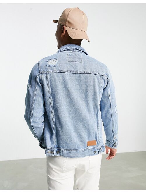 Pull&Bear ripped denim jacket in mid blue wash