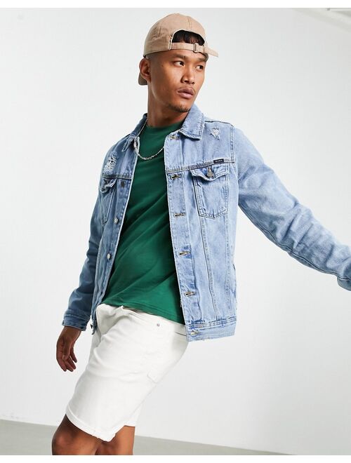 Pull&Bear ripped denim jacket in mid blue wash