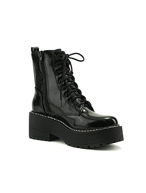 Soda FLING Women Chunky Lug Sole Lace up Fashion Combat Ankle Boot w/Side Zipper