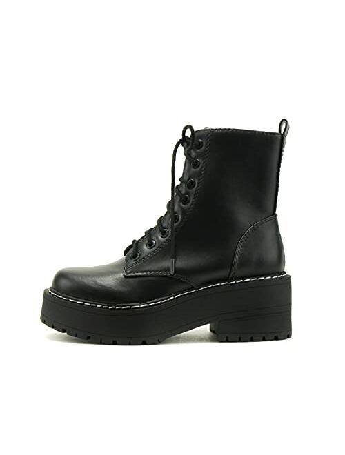 Soda FLING Women Chunky Lug Sole Lace up Fashion Combat Ankle Boot w/Side Zipper