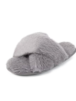 Women's Open Toe Fluffy Slippers-Two Band Slides Soft Luxury Plush Shoes